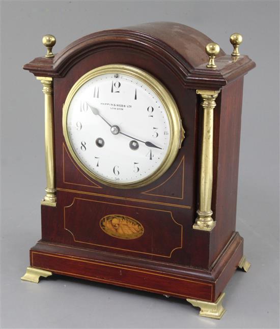 An Edwardian Mappin & Webb brass mounted mahogany mantel clock, 11.5in.